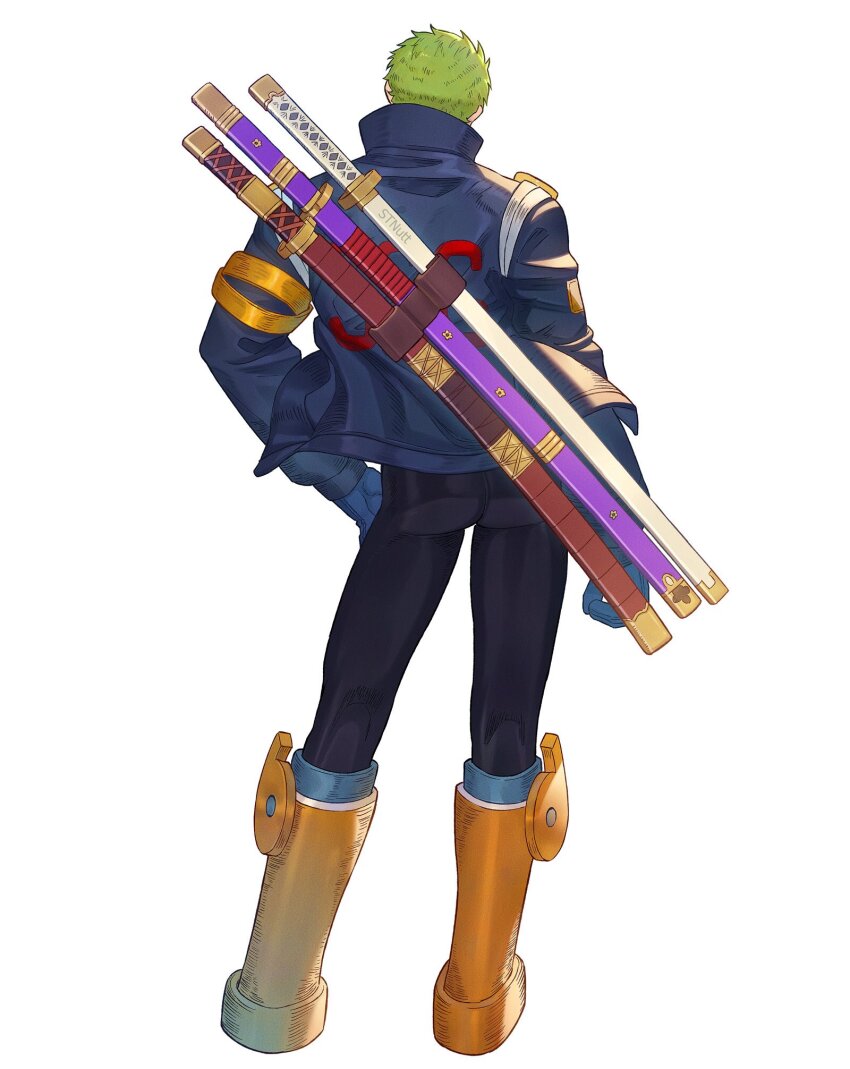 1boy, arm_belt, belt, black_pants, blue_gloves, blue_jacket, boots, clenched_hand