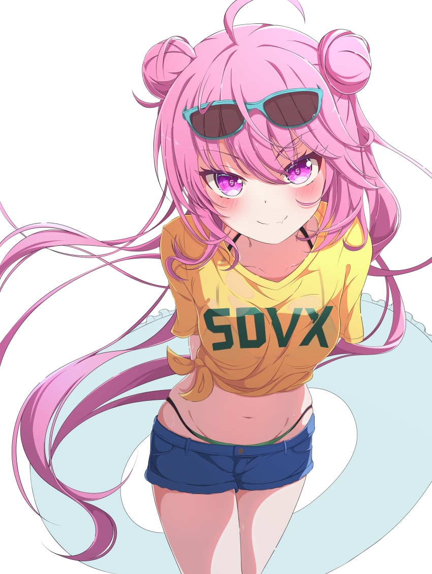 1girl, absurdres, ahoge, arms_behind_back, bemani, bikini, bikini_under_clothes, blue_shorts