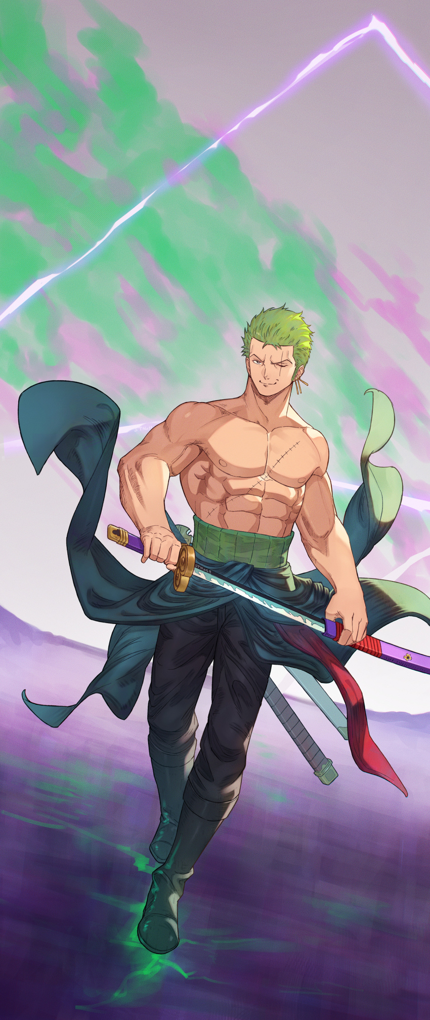 1boy, abs, absurdres, black_pants, black_shoes, closed_mouth, commentary, english_commentary