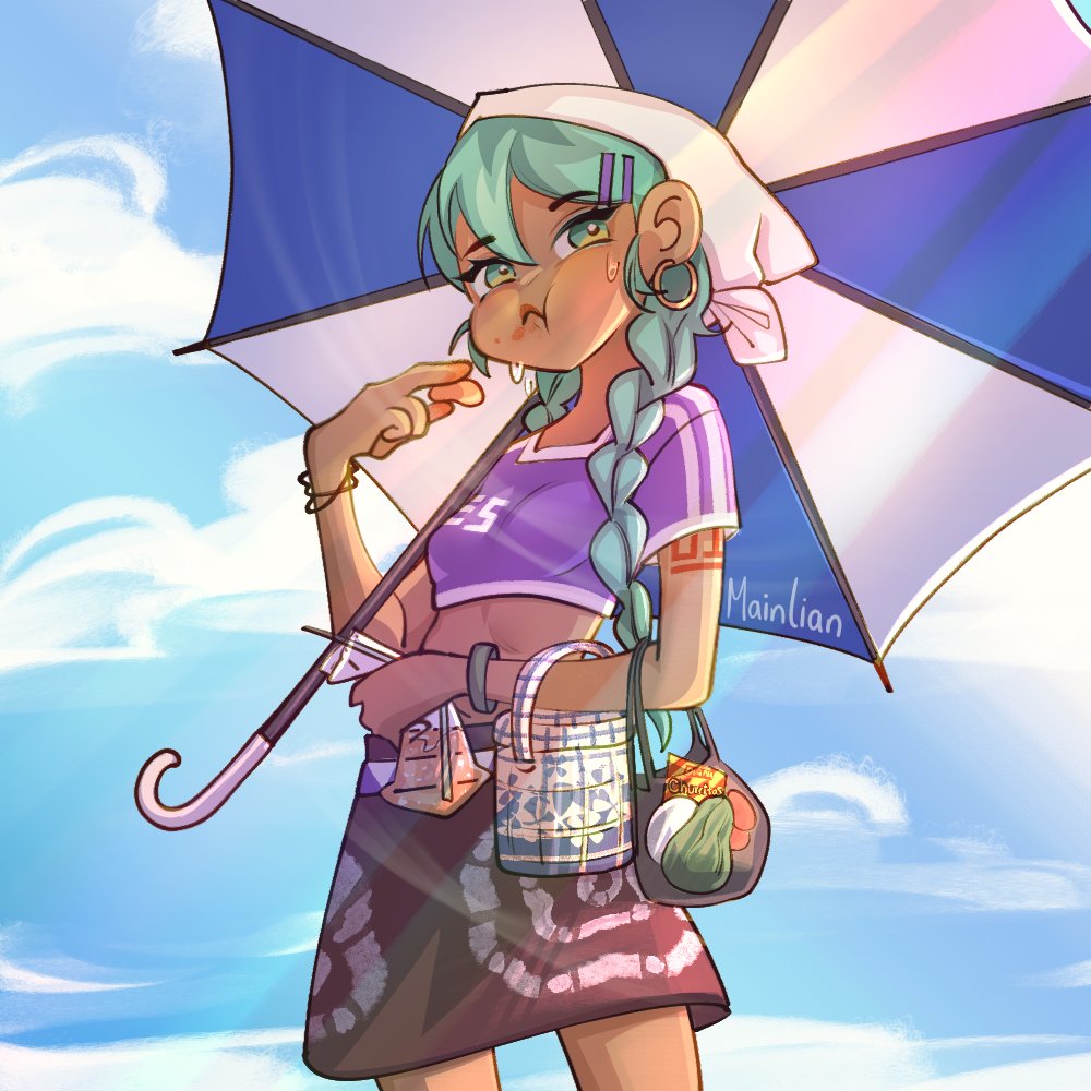 1girl, :t, aqua_eyes, aqua_hair, arm_tattoo, bag, blue_sky, bracelet