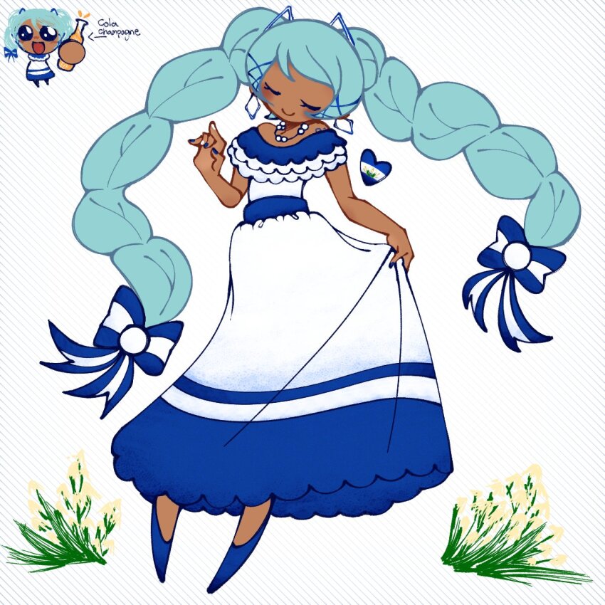 1girl, alcohol, aqua_hair, blue_dress, blue_nails, blush, bow, braid, champagne, closed_eyes, dark-skinned_female, dark_skin, dress, el_salvador, hair_ornament, hatsune_miku, highres, izote, jewelry, long_hair, low_twin_braids, multicolored_dress, necklace, salvi_nova, simple_background, smile, solo, twin_braids, vocaloid, white_dress, worldwide_miku