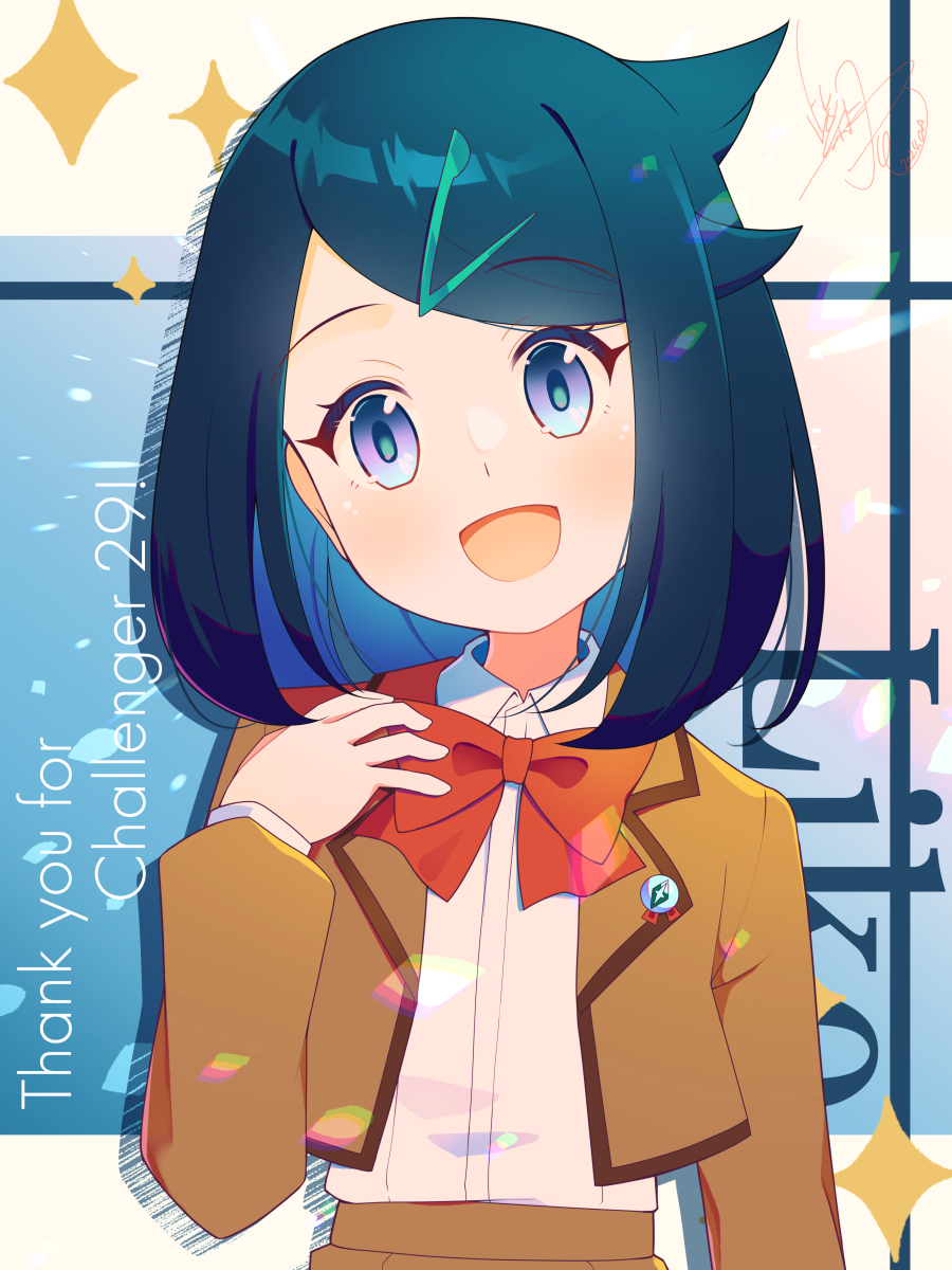 1girl, :d, blue_eyes, blue_hair, bow, bowtie, brown_jacket, collared_shirt