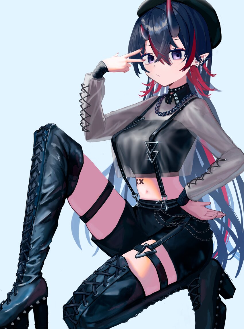 1girl, absurdres, asymmetrical_horns, black_boots, black_choker, black_hat, black_horns, black_shorts, boots, breasts, chain, chain_necklace, choker, closed_mouth, collared_shirt, commentary_request, crop_top, crossed_bangs, demon_girl, demon_horns, earrings, expressionless, fingernails, full_body, gradient_horns, grey_shirt, hair_between_eyes, hat, highres, horns, jewelry, lace-up_boots, long_bangs, long_hair, long_sleeves, looking_at_viewer, medium_breasts, multicolored_hair, multicolored_horns, multiple_earrings, nanashi_inc., navel, necklace, official_alternate_costume, on_one_knee, pointy_ears, purple_eyes, red_hair, red_horns, red_nails, ryugasaki_rene, ryugasaki_rene_(4th_costume), shirt, shorts, simple_background, solo, streaked_hair, studded_choker, suspender_shorts, suspenders, thigh_boots, two-tone_hair, uneven_horns, v, v_over_eye, very_long_hair, virtual_youtuber, wasabifu