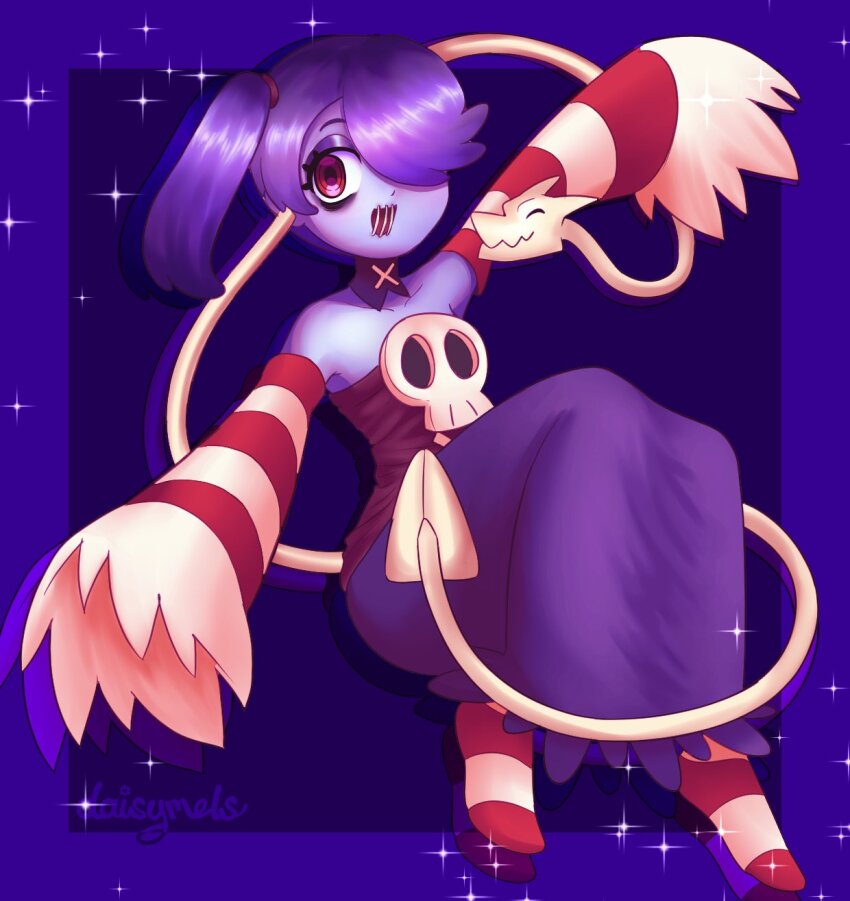 1girl, :d, artist_name, bags_under_eyes, bare_shoulders, black_collar, blue_hair, blue_skin