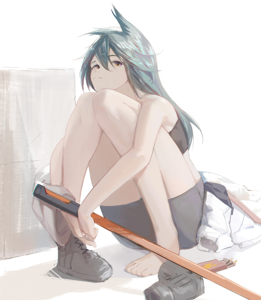 1girl, absurdres, animal_ears, arknights, bare_shoulders, barefoot, black_hair, black_shirt