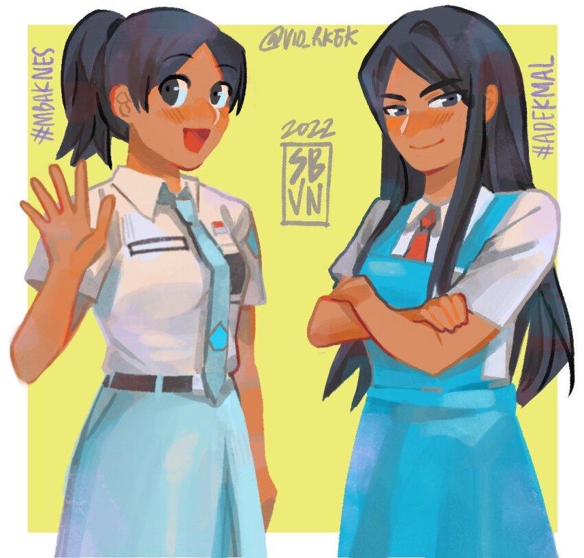2girls, belt, black_belt, black_hair, blush, border, commentary, crossed_arms, dress, dress_shirt, english_commentary, indonesian_high_school_uniform, long_hair, long_skirt, malaysian_secondary_school_uniform, meme, multiple_girls, necktie, original, outside_border, parted_bangs, pinafore_dress, ponytail, red_necktie, school_uniform, shirt, sidelocks, simple_background, skirt, sleeveless, sleeveless_dress, tan, vio_(portovio), waving, white_border