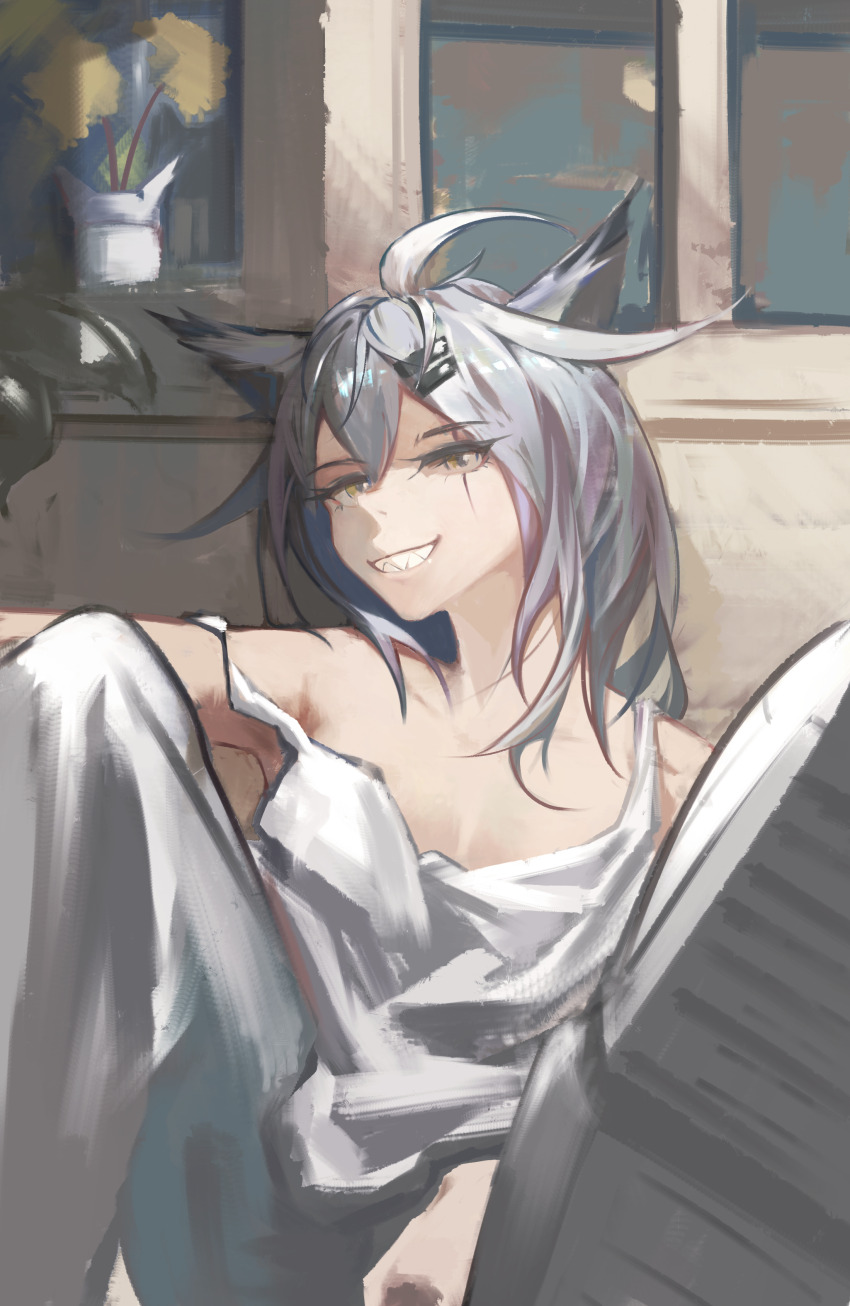 1girl, absurdres, ahoge, animal_ears, arknights, bare_shoulders, breasts, emu2046