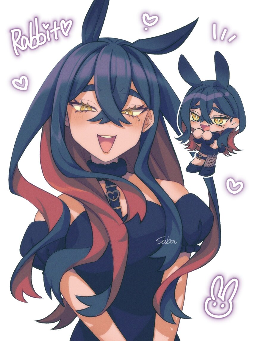 1girl, :d, alternate_costume, black_dress, black_hair, bright_pupils, carmine_(pokemon), chibi