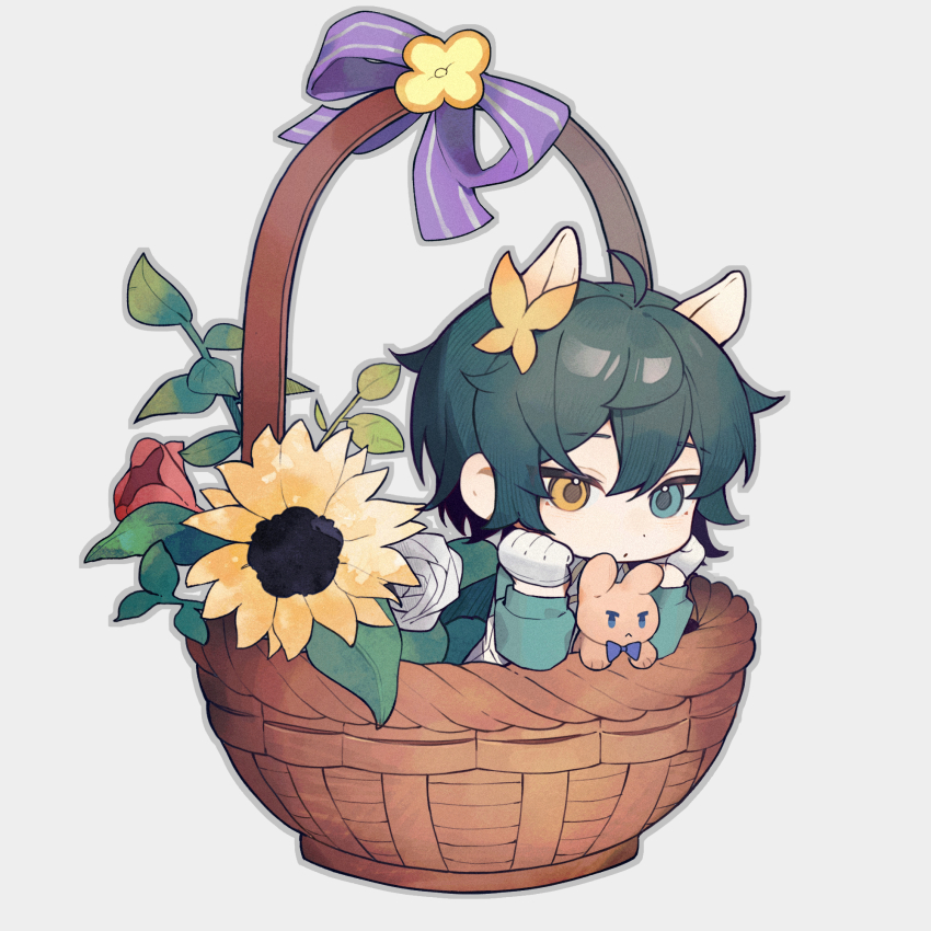 1boy, ahoge, animal_ears, baojiang_tuzhi, basket, bishounen, bow, bug