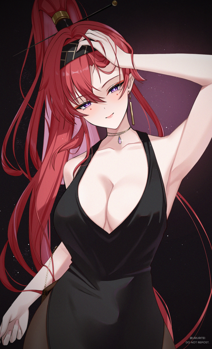 1girl, alternate_costume, arm_up, armpits, artist_name, bare_shoulders, black_dress, black_hair, black_hairband, breasts, bright_pupils, circle_facial_mark, cleavage, closed_mouth, collarbone, commentary_request, cowboy_shot, dress, earrings, evening_gown, eyeliner, eyeshadow, facial_mark, hair_between_eyes, hair_ornament, hairband, hairpin, hand_on_own_head, head_tilt, high_ponytail, highres, jewelry, large_breasts, long_hair, looking_at_viewer, makeup, mark_under_both_eyes, necklace, pendant, pendant_choker, pointy_ears, ponytail, purple_eyes, red_hair, sleeveless, sleeveless_dress, smile, solo, twitter_username, uriuritei, very_long_hair, watermark, white_pupils, wuthering_waves, yinlin_(wuthering_waves)
