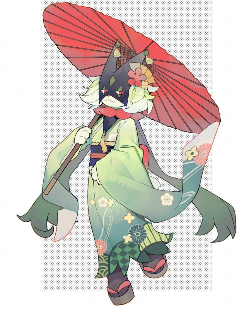 1other, :3, absurdres, baojiang_tuzhi, border, closed_mouth, clothed_pokemon, floating_clothes, floral_print, floral_print_kimono, full_body, furisode, furry, green_kimono, grey_footwear, half-closed_eyes, halftone, halftone_background, hand_up, highres, holding, holding_umbrella, japanese_clothes, kimono, light_smile, meowscarada, nintendo, obiage, oil-paper_umbrella, outside_border, over_shoulder, pokemon, pokemon_(creature), pokemon_focus, print_kimono, red_eyes, red_footwear, sash, sideways_glance, solo, standing, standing_on_one_leg, two-tone_footwear, umbrella, white_border, wind