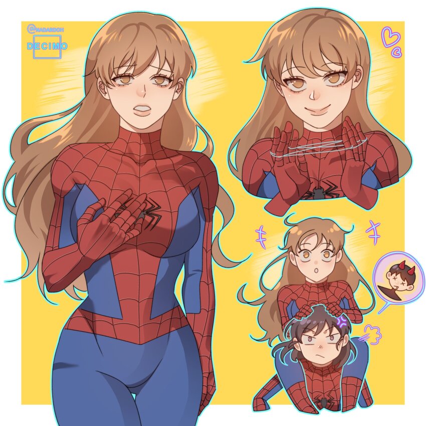 2girls, anger_vein, artist_name, blush, bodysuit, border, breasts, brown_eyes, brown_hair, carrying, cosplay, cowboy_shot, feet_out_of_frame, han_sooyoung, hand_on_own_chest, heart, highres, long_hair, looking_at_viewer, marvel, medium_breasts, mole, mole_under_eye, multicolored_bodysuit, multiple_girls, multiple_views, nadardoh, no_mask, notice_lines, omniscient_reader's_viewpoint, piggyback, red_bodysuit, silk, simple_background, skin_tight, smile, speech_bubble, spider-man, spider-man_(cosplay), spider-man_(original_suit), spider-man_(series), spider_web, spider_web_print, string, thought_bubble, twitter_username, two-tone_bodysuit, wavy_hair, white_border, yellow_background, yoo_sangah