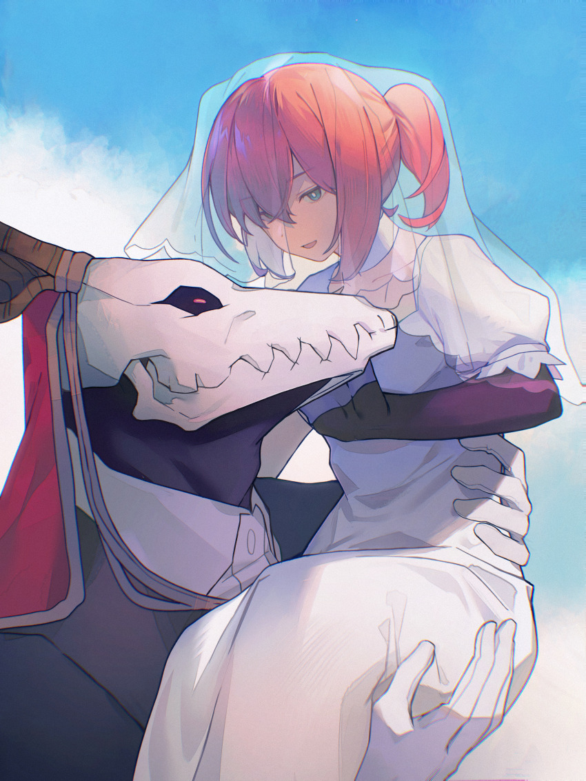 1boy, 1girl, absurdres, animal_skull, baojiang_tuzhi, black_gloves, blue_eyes, blue_sky, bridal_veil, bride, bright_pupils, carrying, couple, crossed_bangs, dress, elbow_gloves, elias_ainsworth, film_grain, gloves, groom, hair_between_eyes, half-closed_eyes, hand_on_another's_back, hand_on_another's_cheek, hand_on_another's_face, hatori_chise, height_difference, highres, light_smile, lone_nape_hair, looking_at_another, mahou_tsukai_no_yome, mask, monster_boy, outdoors, parted_lips, pink_hair, ponytail, princess_carry, puffy_short_sleeves, puffy_sleeves, see-through_clothes, see-through_veil, short_ponytail, short_sleeves, sidelocks, skull_mask, sky, veil, wedding_dress, white_dress, white_gloves, white_pupils