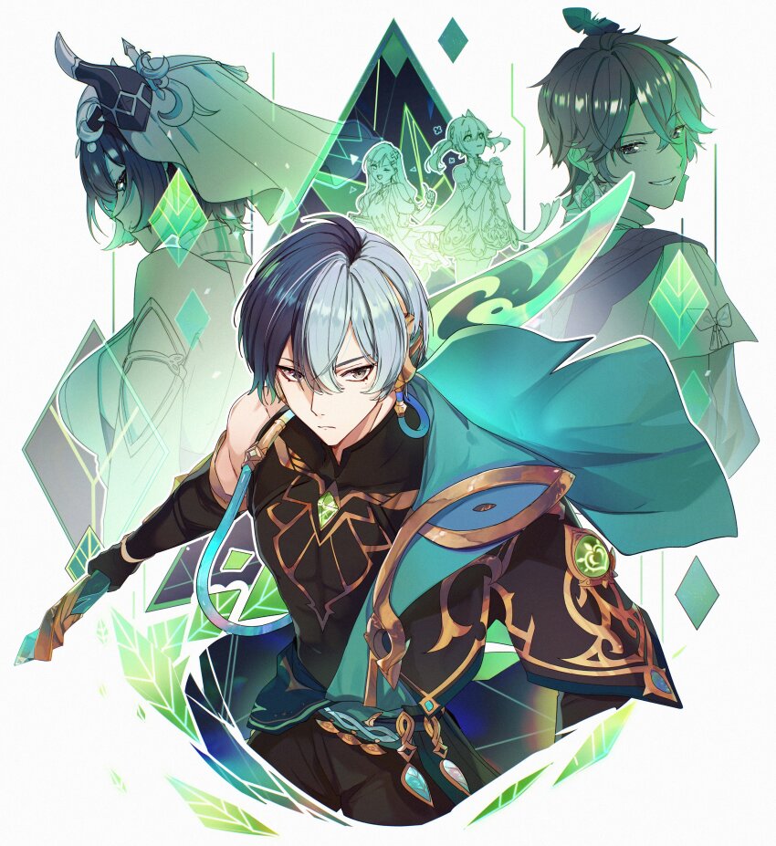 2boys, 3girls, :d, absurdres, alhaitham_(genshin_impact), alhaitham_(genshin_impact)_(cosplay), aoyagi_touya, azusawa_kohane