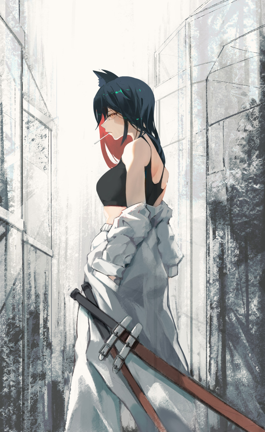 1girl, absurdres, animal_ear_fluff, animal_ears, arknights, bare_shoulders, black_hair, black_shirt