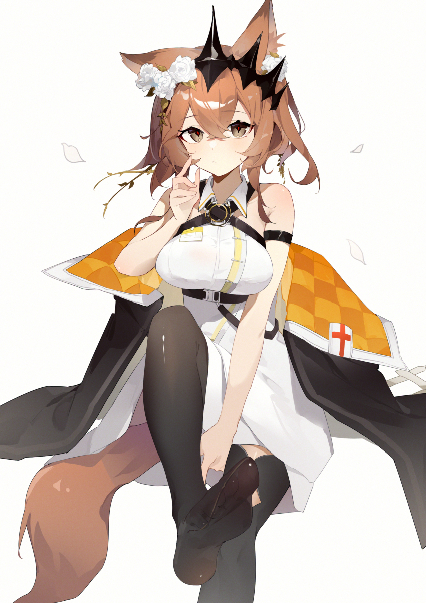 1girl, absurdres, animal_ears, arknights, black_thighhighs, black_tiara, breasts, brown_eyes