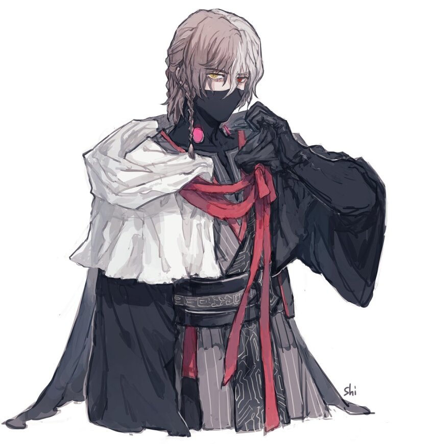 1boy, adjusting_hood, antonio_salieri_(exhibition_attire)_(fate), antonio_salieri_(fate), antonio_salieri_(second_ascension)_(fate), artist_name, asymmetrical_hair, bags_under_eyes