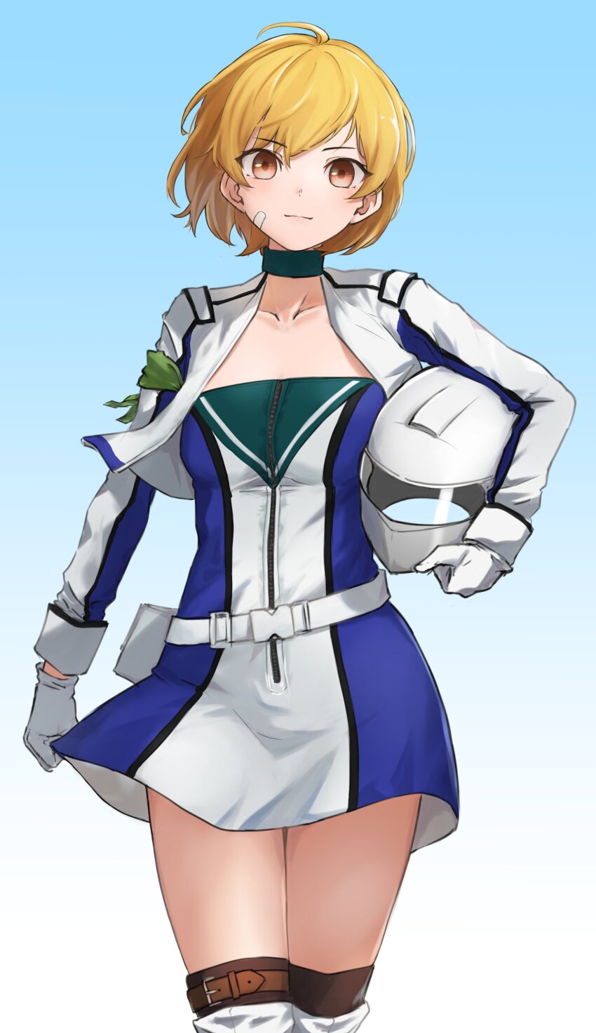 1girl, absurdres, bandaid, bandaid_on_cheek, bandaid_on_face, blue_background, brown_eyes, brown_hair