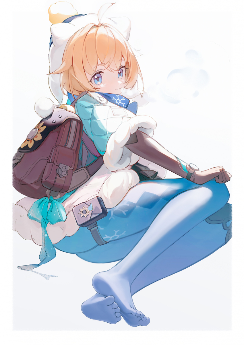 1girl, backpack, bag, blonde_hair, bloom, blue_coat, blue_eyes, blue_pantyhose