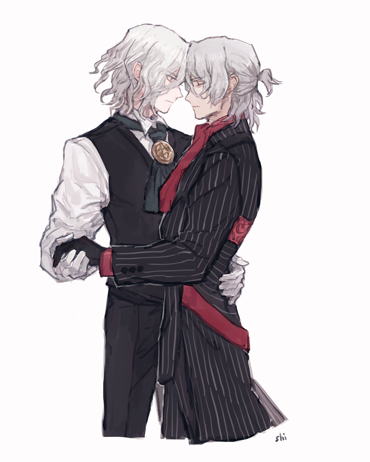 2boys, antonio_salieri_(fate), antonio_salieri_(second_ascension)_(fate), artist_name, ascot, black_coat, black_gloves, black_pants, black_vest, coat, collared_shirt, dancing, edmond_dantes_(fate), expressionless, eye_contact, fate/grand_order, fate_(series), formal_clothes, from_side, frown, gloves, green_ascot, hair_between_eyes, half_updo, hand_on_another's_back, holding_hands, jacket, long_sleeves, looking_at_another, male_focus, multiple_boys, no_cape, missing_headwear, pants, pinstripe_jacket, pinstripe_pants, pinstripe_pattern, pinstripe_suit, profile, red_ascot, shiroki1020556, shirt, simple_background, striped_clothes, striped_jacket, striped_suit, suit, vertical-striped_clothes, vertical-striped_jacket, vest, white_background, white_gloves, white_hair, white_shirt, wing_collar, yaoi, yellow_eyes