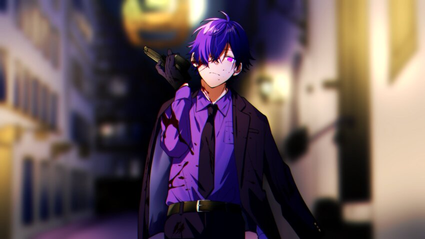 1boy, arm_at_side, belt, belt_buckle, black_belt, black_jacket, black_necktie, black_pants, blood, blood_on_clothes, blood_on_face, blurry, blurry_background, buckle, building, closed_mouth, collared_shirt, cowboy_shot, expressionless, full_moon, glowing, glowing_eye, gun, hair_over_one_eye, hand_up, handgun, head_tilt, highres, holding, holding_gun, holding_weapon, jacket, jacket_on_shoulders, kiritani_(kiritani1210), long_sleeves, looking_at_viewer, mafia, male_focus, moon, nanamori_(stpri), necktie, night, pants, purple_eyes, purple_hair, purple_shirt, road, shirt, shirt_tucked_in, short_hair, standing, strawberry_prince, street, utaite, weapon