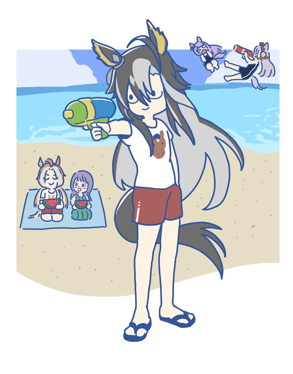 >_<, 2024_summer_olympics, 5girls, :d, ahoge, aiming, alternate_costume, animal_ears, blue_eyes, brown_hair, crazy_keiba_lady_(jra), dream_journey_(racehorse), dream_journey_(umamusume), dress, ear_covers, food, fruit, glasses, gold_ship_(umamusume), green_dress, grey_hair, hair_intakes, highres, holding, holding_food, holding_fruit, holding_water_gun, horse_ears, horse_girl, horse_print, japan_racing_association, long_hair, looking_at_another, mejiro_mcqueen_(umamusume), multicolored_hair, multiple_girls, olympics, open_mouth, orange_hair, orfevre_(racehorse), orfevre_(umamusume), pillbox_hat, purple_hair, real_life, red_shorts, sandals, seiza, shirt, short_sleeves, shorts, single_ear_cover, sitting, smile, solo_focus, swept_bangs, t-shirt, takadano_paka, umamusume, water_gun, watermelon, watermelon_slice, white_hair, yusuf_dikec, yusuf_dikec_(meme)