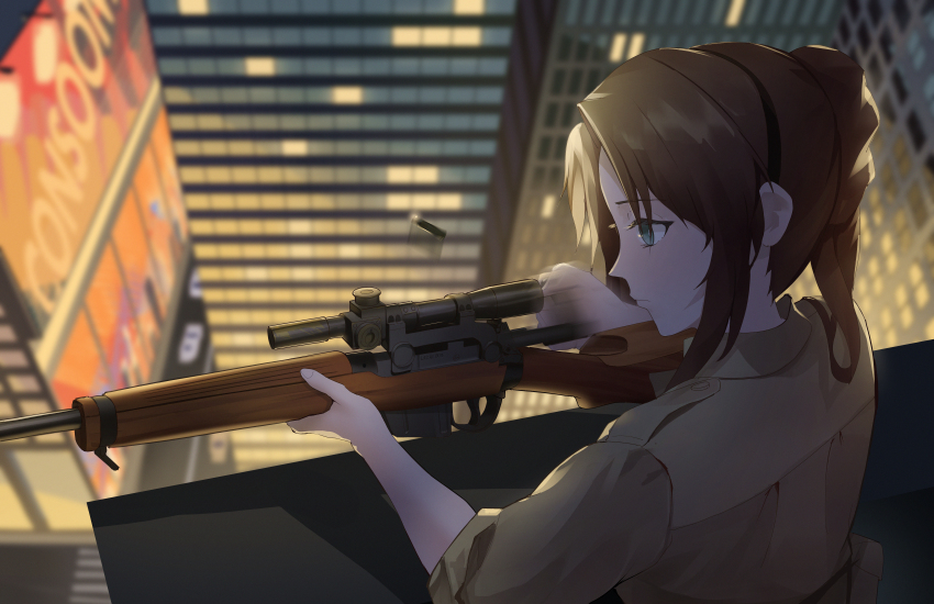 1girl, absurdres, aiming, blue_eyes, bolt_action, brown_hair, brown_shirt, building