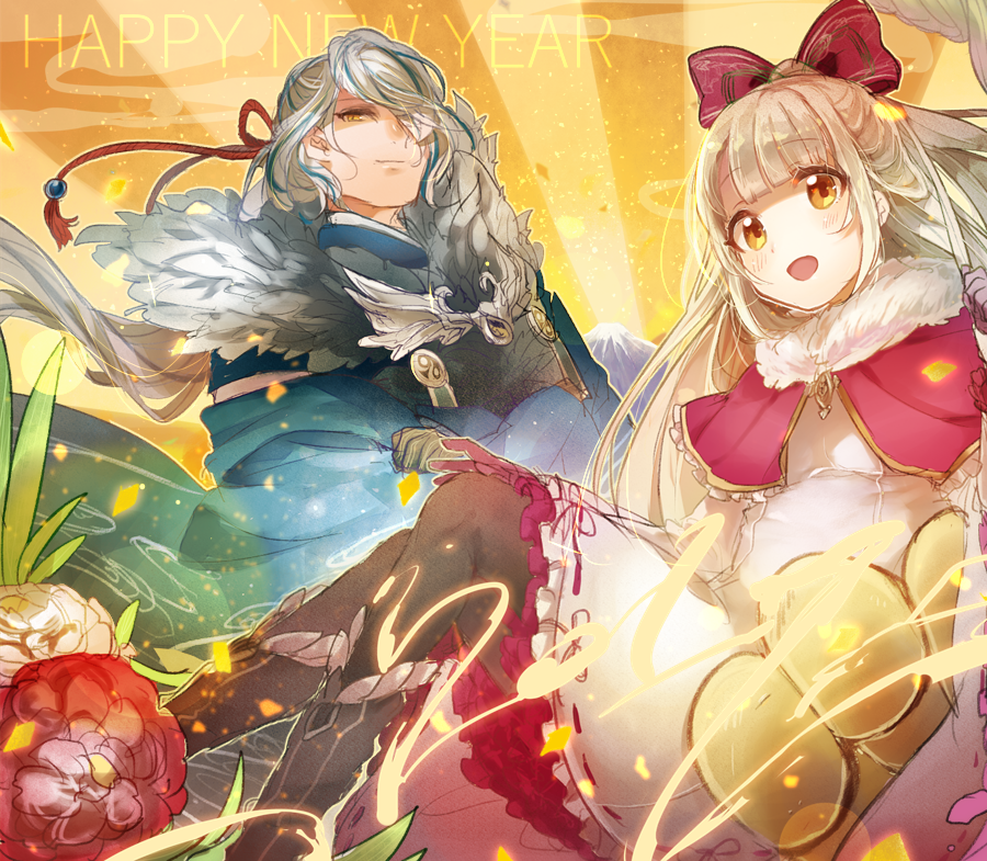 1boy, 1girl, :d, ashley_dina, black_footwear, black_gloves, black_pantyhose, blonde_hair