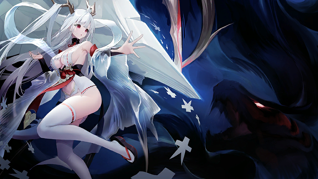 1girl, armpits, azur_lane, bare_shoulders, black_sandals, breasts, cannon, center_opening, clothing_cutout, detached_sleeves, dragon_girl, dragon_horns, dragon_tail, dress, fighting_stance, floating_hair, full_body, horns, japanese_clothes, kimono, large_breasts, leg_up, long_hair, long_sleeves, midriff, navel, non-web_source, official_art, okobo, outstretched_arm, paper, parted_lips, penumbral_x_(azur_lane), platform_sandals, red_eyes, revealing_clothes, rigging, sakura_empire_(emblem), sandals, shadow, shimanto_(azur_lane), ship_turret, sideboob, solo, tail, thighhighs, thighs, very_long_hair, white_dress, white_hair, white_thighhighs, wide_sleeves, x_(azur_lane)