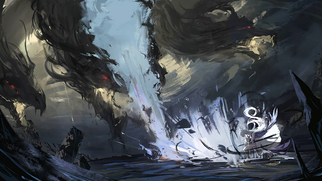 1girl, azur_lane, cloud, cloudy_sky, creature, dragon, explosion, holding