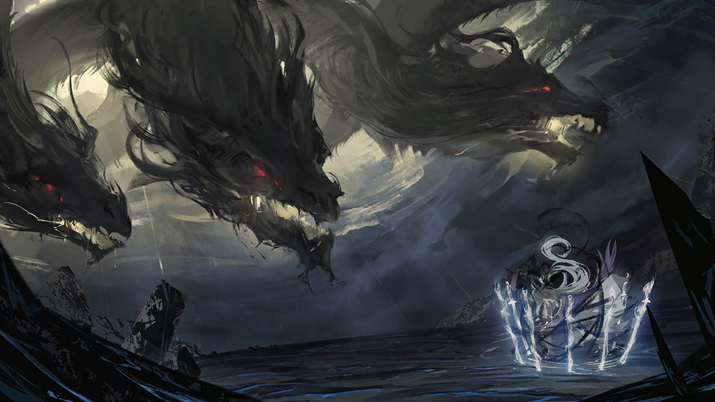 1girl, azur_lane, cloud, cloudy_sky, creature, dragon, holding, holding_sword, holding_weapon, long_hair, multiple_swords, non-web_source, official_art, penumbral_x_(azur_lane), red_eyes, shadow, sky, solo, sword, unzen_(azur_lane), water, weapon, x_(azur_lane)