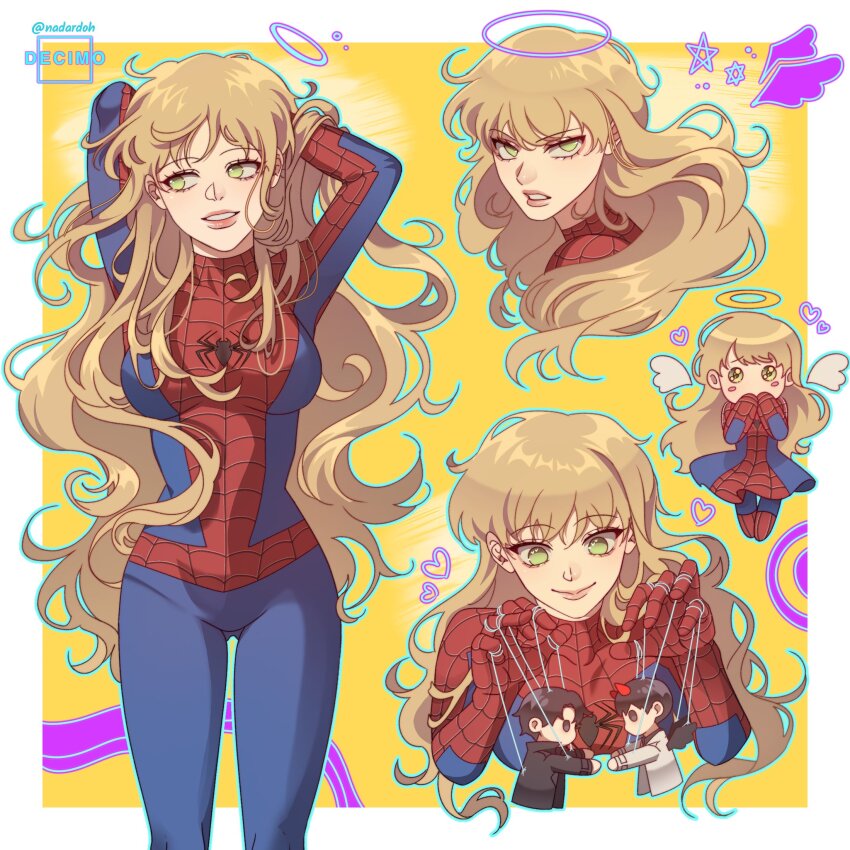 1girl, adapted_costume, angel_wings, arms_behind_head, arms_up, artist_name, blonde_hair, blush_stickers, bodysuit, border, breasts, chibi, cosplay, cowboy_shot, cowlick, dress, feet_out_of_frame, gluteal_fold, green_eyes, halo, hands_on_own_face, heart, highres, long_hair, marvel, medium_breasts, multicolored_bodysuit, multiple_views, nadardoh, no_mask, omniscient_reader's_viewpoint, parted_lips, puppet_strings, red_bodysuit, red_dress, serious, skin_tight, smile, spider-man, spider-man_(cosplay), spider-man_(original_suit), spider-man_(series), spider_web_print, star_(symbol), string, twitter_username, two-tone_bodysuit, two-tone_dress, uriel_(omniscient_reader's_viewpoint), very_long_hair, wavy_hair, white_border, wings, yellow_background
