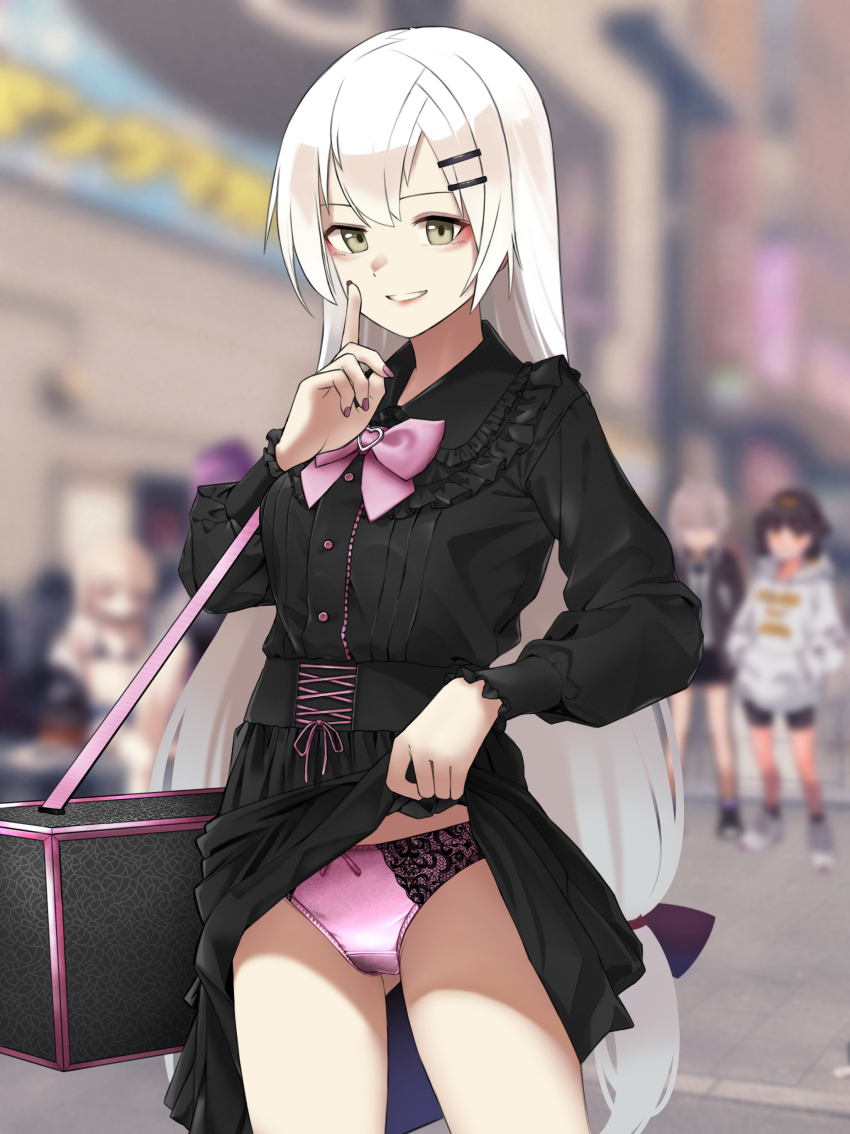 4girls, absurdres, alternate_costume, bag, black_dress, blurry, blurry_background, bow, bowtie, clothes_lift, commentary, commission, cowboy_shot, dress, english_commentary, finger_to_mouth, girls'_frontline, grey_eyes, hair_between_eyes, highres, long_hair, looking_at_viewer, m200_(girls'_frontline), multiple_girls, o_o_(ywsm2327), panties, parted_lips, pink_bow, pink_bowtie, pink_nails, pink_panties, qbu-88_(girls'_frontline), shushing, skirt, skirt_lift, smile, stealth_flashing, svd_(girls'_frontline), type_80_(girls'_frontline), underwear, white_hair