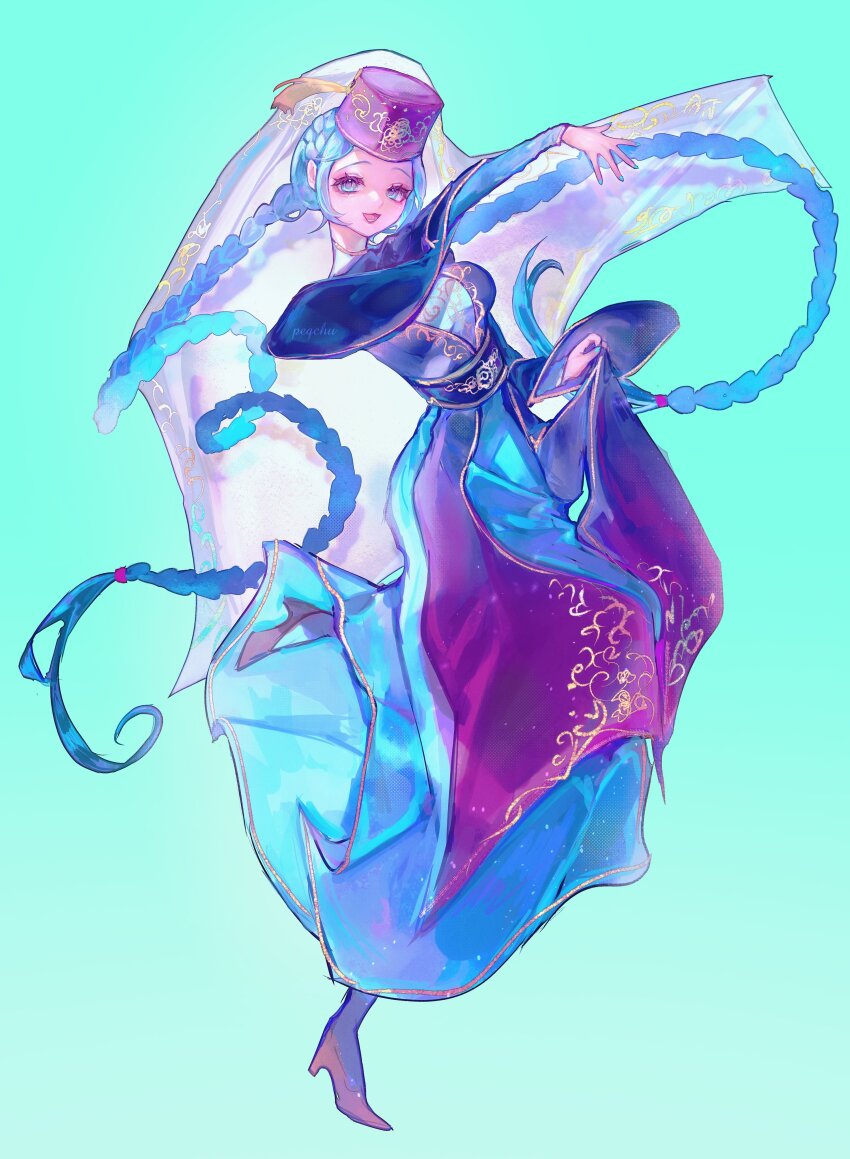 1girl, absurdres, aqua_skirt, black_capelet, black_dress, black_sash, blue_eyes, blue_hair, braid, brown_footwear, capelet, dress, floating_hair, full_body, gold_trim, hat, hatsune_miku, high_heels, highres, long_hair, looking_at_viewer, low_twin_braids, open_mouth, peqchu, red_hat, sash, see-through_clothes, see-through_skirt, skirt, smile, solo, tatar_clothes, twin_braids, veil, very_long_hair, vocaloid, white_veil, worldwide_miku