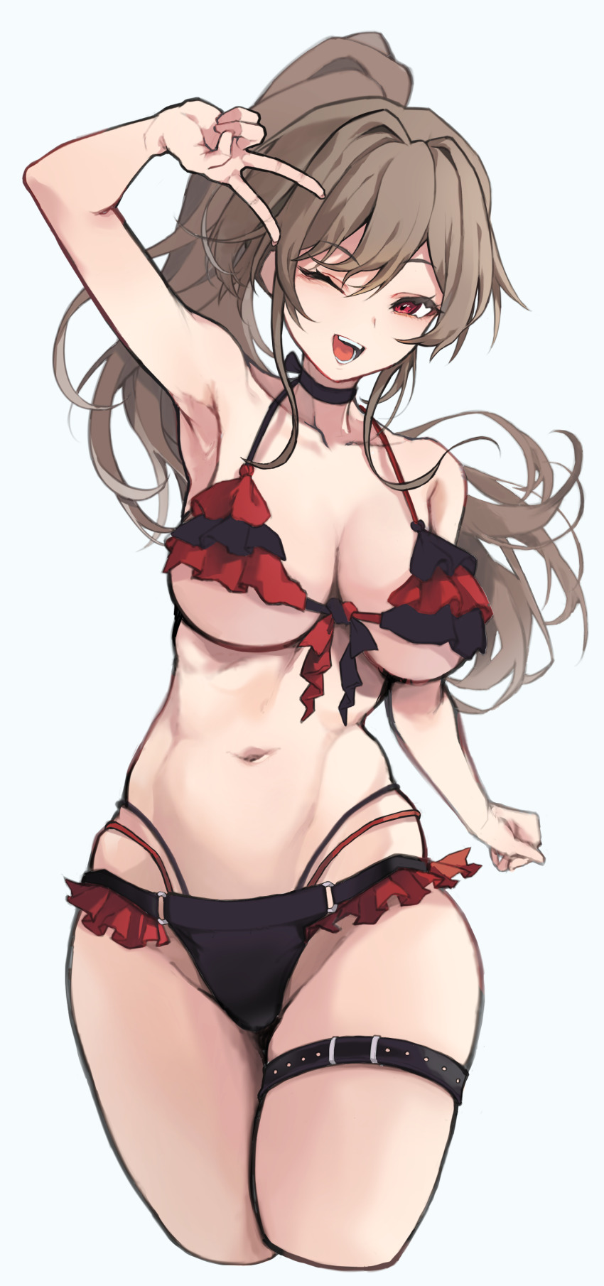 1girl, ;d, absurdres, akechi_(akechi_5416), belt, bikini, black_bikini, breasts