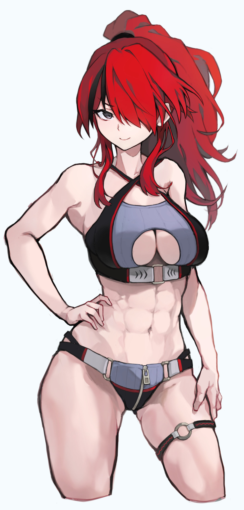 1girl, abs, absurdres, akechi_(akechi_5416), bikini, black_eyes, breasts, cleavage