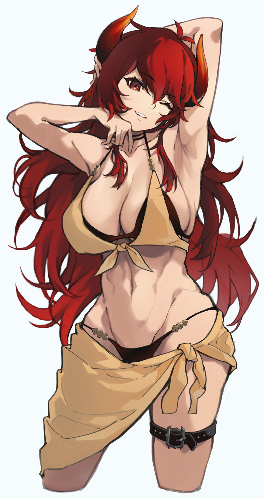 1girl, absurdres, akechi_(akechi_5416), arm_behind_head, belt, belt_buckle, bikini, black_bikini