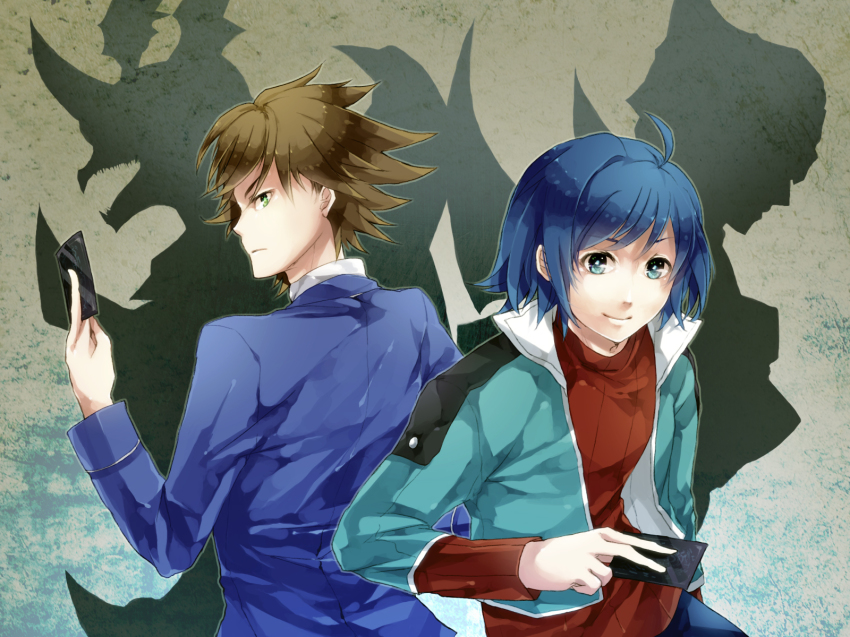 10s, 2boys, bad_id, bad_pixiv_id, beige_background, blaster_blade, cardfight!!_vanguard, cardfight!!_vanguard_(cards), different_shadow, dragonic_overlord, highres, jacket, kai_toshiki, long_sleeves, looking_at_viewer, male_focus, multiple_boys, open_clothes, open_jacket, sendou_aichi, shiomizu_(shouroku), shirt, simple_background, t-shirt, upper_body