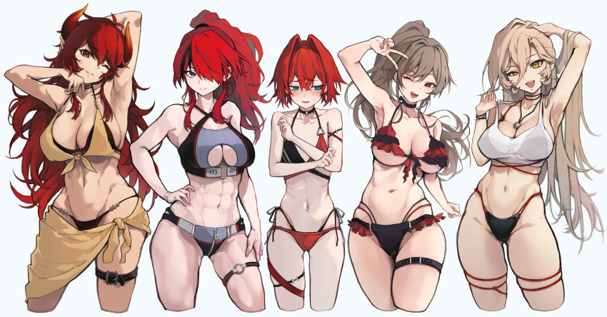 5girls, ;d, abs, absurdres, akechi_(akechi_5416), ange_katrina, arm_behind_head, arm_strap