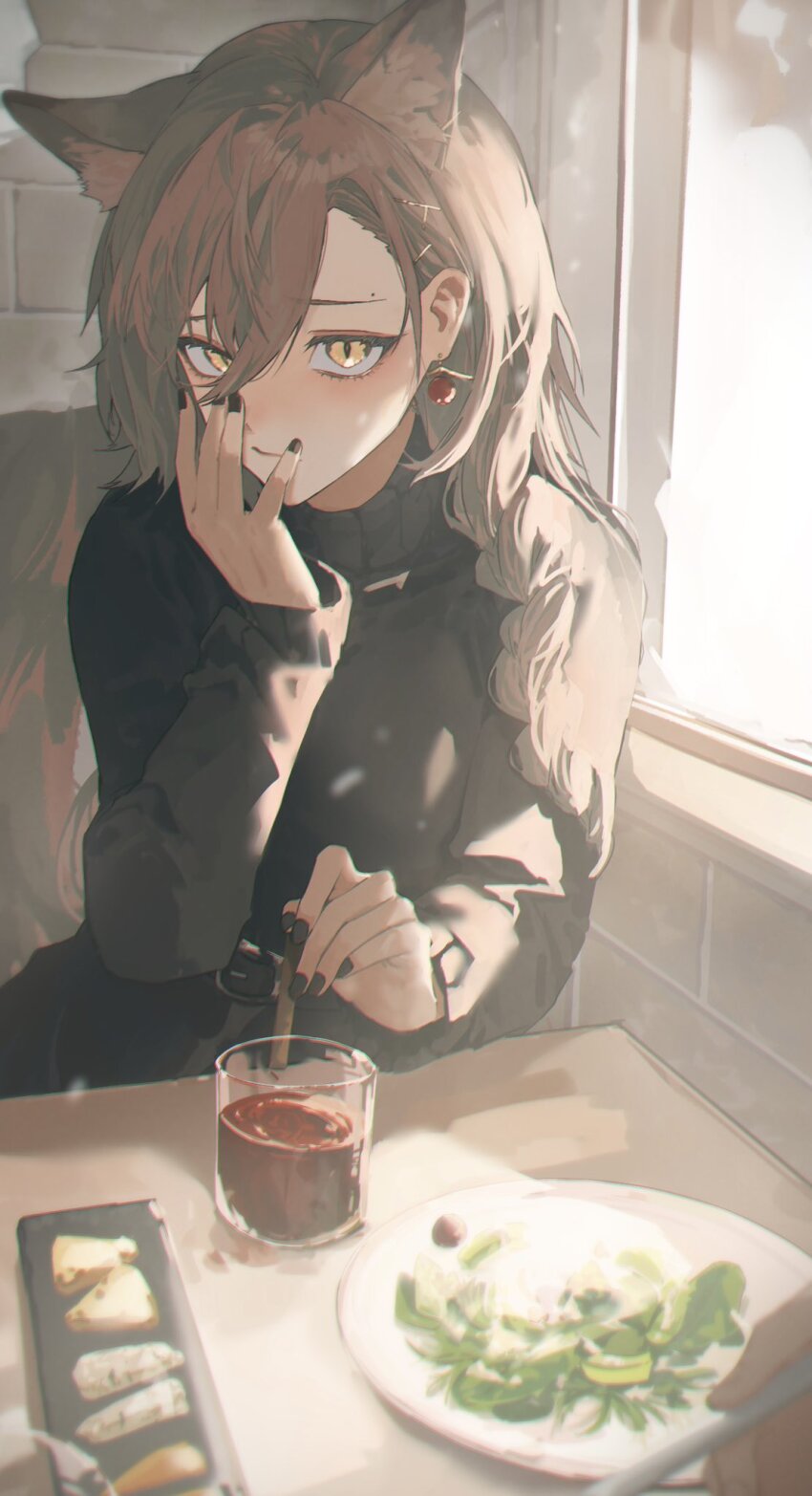 1girl, alcohol, animal_ear_fluff, animal_ears, arknights, black_sweater, blush, braid, brown_hair, earrings, extra_ears, food, glasses, hand_on_own_face, highres, hjm_matsukasa, jacket, jewelry, long_hair, long_sleeves, looking_at_viewer, mole, mole_above_eye, official_alternate_costume, penance_(arknights), penance_(occasionally_flushed)_(arknights), plate, solo_focus, sweater, wine, wolf_ears, wolf_girl, yellow_eyes