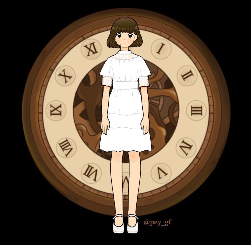 1girl, animification, black_background, blunt_bangs, brown_hair, clock, commentary, dress