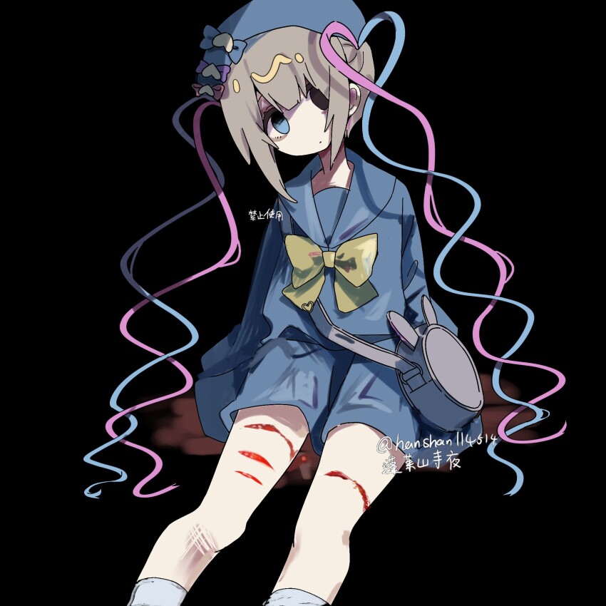 1girl, black_background, blonde_hair, blood, blood_on_leg, blue_bow, blue_dress, blue_eyes