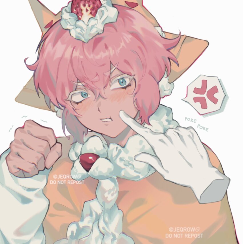 1other, :t, anger_vein, annoyed, blue_eyes, brooch, capelet, cheek_poking