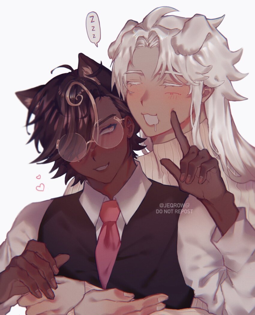 2boys, :3, :t, ahoge, albino, alternate_costume, animal_ears, asymmetrical_bangs