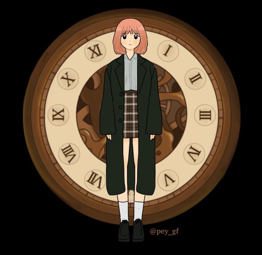 1girl, animification, black_background, black_coat, clock, coat, commentary, eunha_(gfriend)