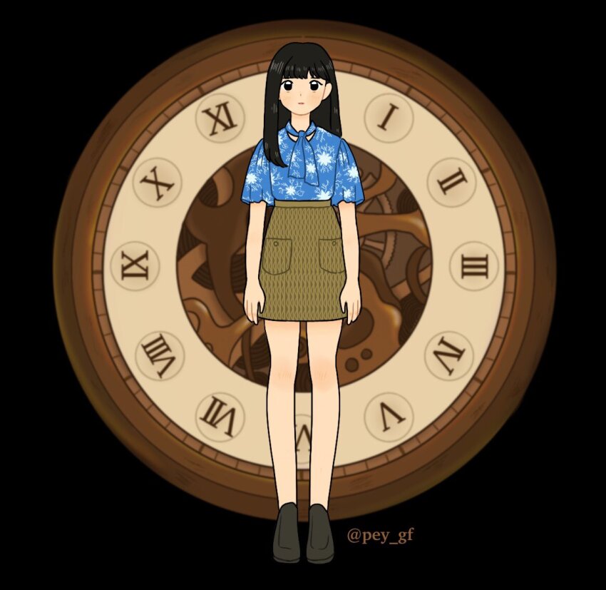 1girl, animification, black_background, black_hair, blue_shirt, blunt_bangs, brown_footwear, brown_skirt
