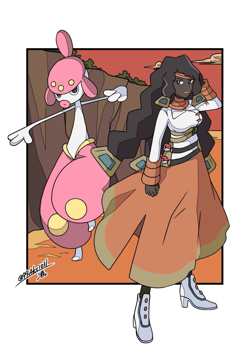 1girl, 99akt1031, absurdres, black_socks, boots, border, breasts, chalce_(pokemon)