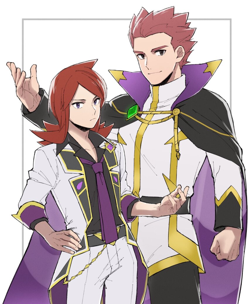 2boys, black_cape, cape, clenched_hand, closed_mouth, collared_shirt, commentary_request, cowlick, grey_eyes, hand_on_own_hip, hand_up, highres, holding, holding_poke_ball, jacket, lance_(arc_suit)_(pokemon), lance_(pokemon), long_hair, long_sleeves, male_focus, mocollie, multiple_boys, necktie, nintendo, official_alternate_costume, pants, parted_bangs, poke_ball, poke_ball_(basic), pokemon, pokemon_masters_ex, purple_necktie, red_hair, shirt, short_hair, silver_(champion)_(pokemon), silver_(pokemon), smile, white_background, white_jacket, white_pants