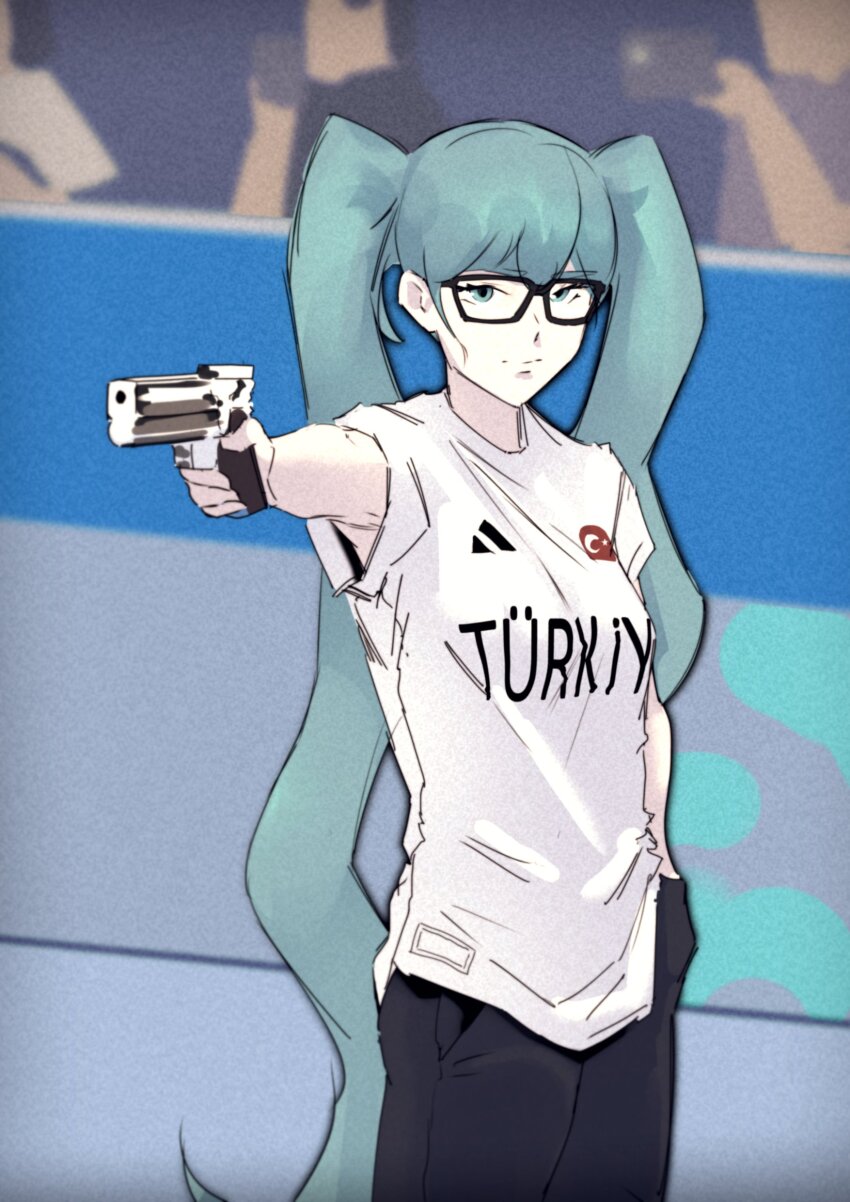 1girl, 2024_summer_olympics, absurdly_long_hair, absurdres, adidas, aiming, aqua_eyes, aqua_hair