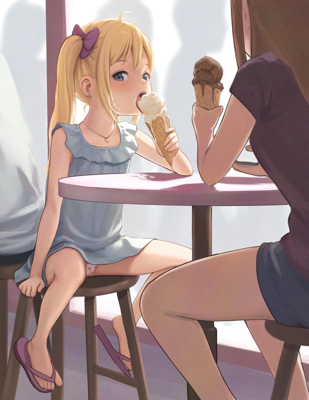 2girls, ahoge, bare_legs, blonde_hair, blue_eyes, blush, bow, cameltoe, dress, eating, flip-flops, food, food_on_face, food_print, fruit_print, hair_bow, highres, ice_cream, ice_cream_cone, jewelry, kuroshiro00, licking, loli, long_hair, looking_at_viewer, multiple_girls, multiple_others, necklace, open_mouth, original, panties, pink_panties, print_panties, public_indecency, restaurant, sandals, sexually_suggestive, shorts, sitting, sleeveless, sleeveless_dress, spread_legs, strawberry_panties, strawberry_print, suggestive_fluid, teasing, toenails, toes, tongue, twintails, underwear, upskirt